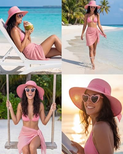 3 Pcs Summer Beach Set for Women Wide Brim Straw Sun Hat, Swimsuit Coverup Sarong, Heart Sunglasses - color: Pink