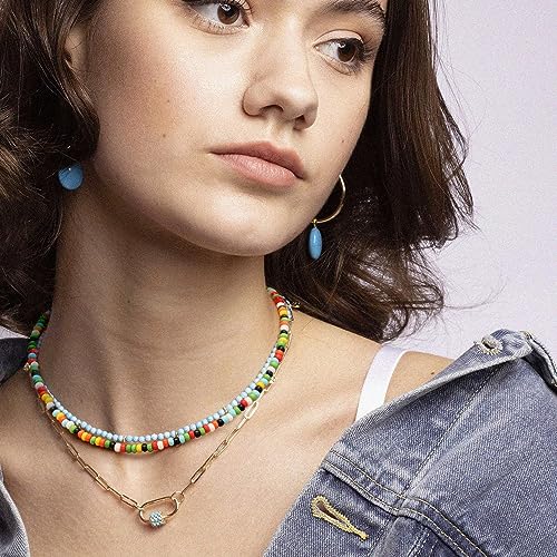 Aobei Pearl Gemstone Beaded Choker Necklace for Women Boho Turquoise/Cultured Freshwater Pearls/Garnet/Amazonite Jewelry - color: M Coloured Glaze