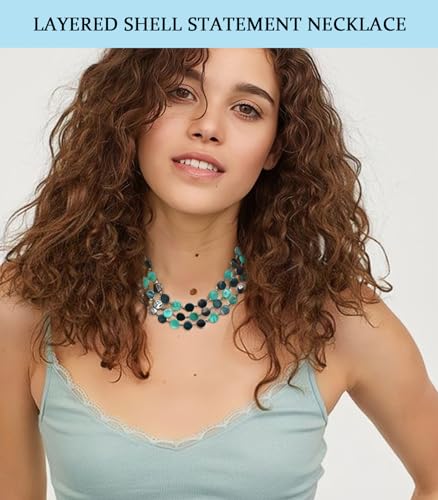 Noessla Layered Beaded Chunky Necklace for Women Boho Two-color Shell Statement Necklace Fashion Collar Costume Jewelry Gifts for Mum - color: Green