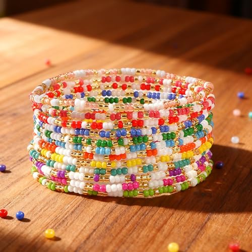Colorful Stackable Seed Beaded Bracelets Set For Women, Boho Handmade Trendy Cute Stretch Accessories ball Glass Versatile Candy Jewelry, Summer Beach Daily Party Holiday Friendship Gift - color: Candy