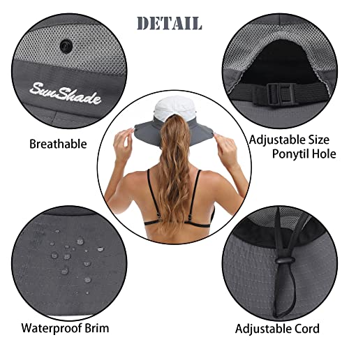 Womens Summer Sun Hat Beach Hat Wide Brim Outdoor UV Protection Hat Foldable Cool Mesh Ponytail Bucket Hat - color: Grey