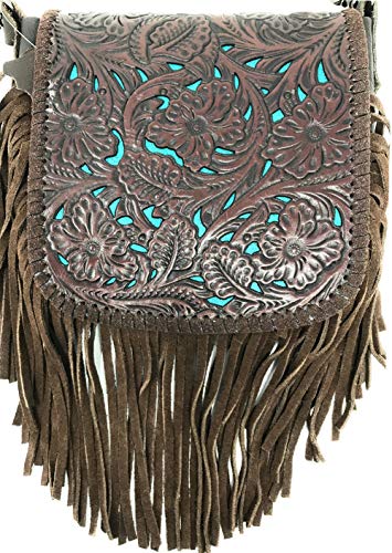 Western Genuine Leather Floral Tooled Fringe Womens Crossbody Bag 3 Color - color: Coffee/Turquoise