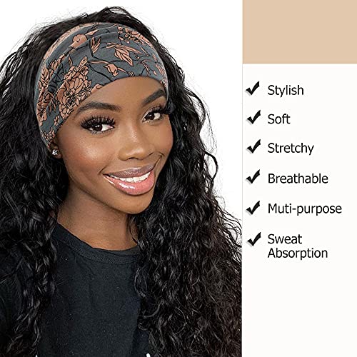 YONUF Wide Boho Headbands for Women Fashion Knotted Headband Yoga Workout Hair Accessories African Head Wrap 4 Pack - color: Flower Print