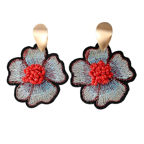 Boho Floral Embroidered Earrings with Colorful Bead Accents and Crystal Center for Women - color: Red