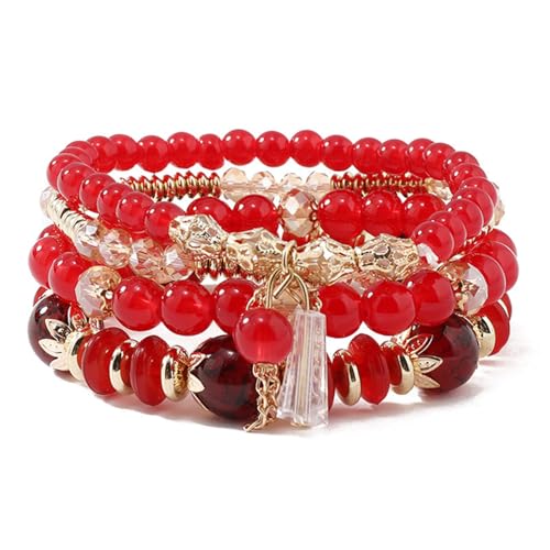 Caiyao 4Pcs Bohemia Multilayer Stackable Beaded Bracelets Set Colorful Crystal Stone Gold Beaded Stretch Bracelets Hawaii Charm Bracelet for Women Men Summer Beach Boho Vacation Jewelry Gifts - color: Red