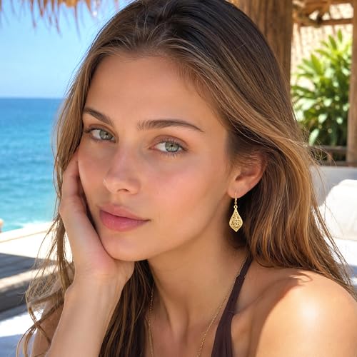 Dangle Earrings for Women, 14K Gold Plated Filigree Dangling Leverback Earrings, Silver Geometric Hypoallergenic Lightweight Dangly Drop Earings for Women Trendy Jewelry Gifts - color: C-14K Gold