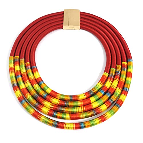 COLORFUL BLING Handwoven African Tribal Multilayer Chunky Statement Necklace Egypt Bib Collar Choker Costume Party Jewelry Accessories for Women - color: mix red