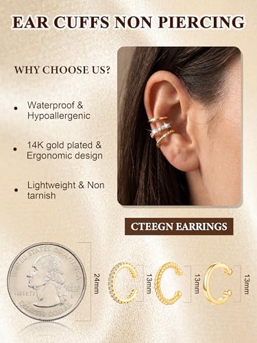 14K Gold/Silver Plated Ear Cuffs Set Dainty Clip Piercing Stack Small Cartilage Hoop Huggie Trendy Tarnish Hypoallergenic Jewelry Gift - style: gold style 14