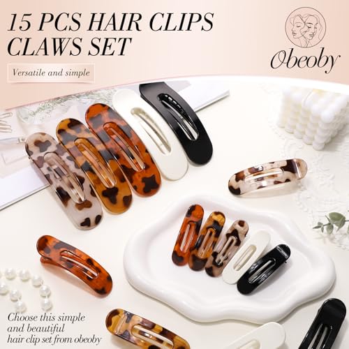 15 PCS Flat Hair Clips for Women & Girls, 5 Colors French Flat Claw Clips 3 Sizes Accessories Barrettes for Thin Thick Fine Hair - color: Tortoiseshell colors