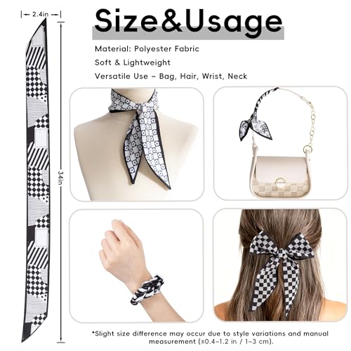 ZXZH 6 Pack Fashion Scarves for Women, Versatile Boho Head Scarf, Satin Scarf for Hair, Neck, Wrist, and Purse Accessories - color: Black & White Check