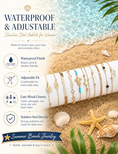 FASACCO 20Pcs Ankle Bracelets for Women Adjustable Beach Anklet Set Surfer Anklet Heart Star Turtle Infinite Anklets Foot Jewelry - color: gold tone