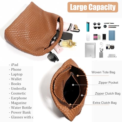 Geelyda Woven Tote Bag for Women with Purse, Fashion Shoulder Hobo Underarm Bags, Large Woven Handmade Work Commuter Day Bags - color: Dark Yellow-brown