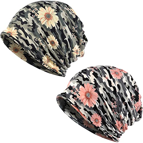 XYIYI Womens Chemo Headwear Hats Cotton Slouchy Beanie Cap Scarf - color: 2pcs Camo Sunflower