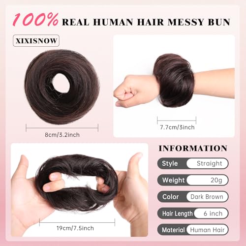 Messy Buns Hair Pieces 100% Human Hair Chignons Scrunchie Elastic Rubber Band Messy Bun Hair Piece Stretchy Fluffy Donut Updo Bun Wig Smooth Hair Bun Extensions for Women Natural Dark Brown - color: Natural Dark Brown