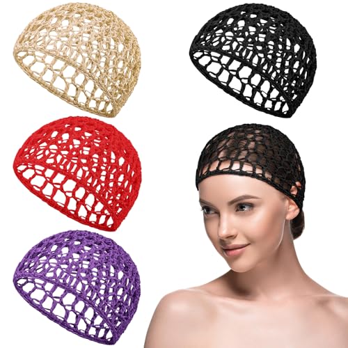 Geyoga 4 Pieces Mesh Crochet Hair Net Rayon Knit Snood Hat Thick Short Women Hairnet Snoods Cover Ornament for Sleeping (Black, Red, Skin, Purple) - color: Black, Red, Skin, Purple