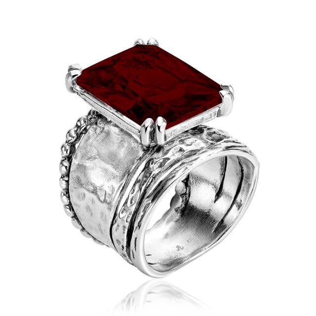 JEAN RACHEL JEWELRY 925 Sterling Silver Ring - Hammered Vintage Design with Octagon Shaped Cubic Zirconia - Hypoallergenic, Lead & Nickel Free - Artisan Handcrafted Statement Rings for Women - color: Garnet CZ