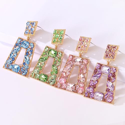 Rhinestone Rectangle Statement Earrings Colorful Crystal Geometric Drop Dangle Earrings for Women Prom Party - color: Purple