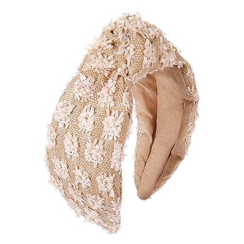 ZITULRY Knotted Raffia Headbands for Women Boho Straw Wicker Braid Wide Top Knot Hairband Statement Rattan Woven Pom Pom Hair Hoop Summer Beach Party Holiday Hair Accessories - color: Rattan