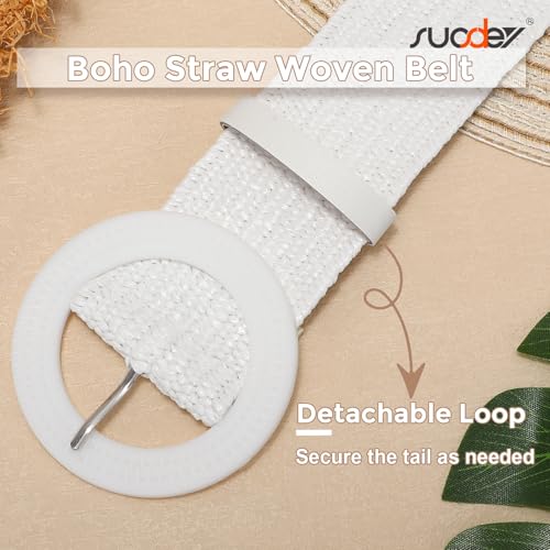 SUOSDEY Straw Woven stretchy Waist Belt for Women Dresses,Wide Boho Braided Elastic Belt with Round Buckle - color: 04-white, size: Fits waist from 38"-42"