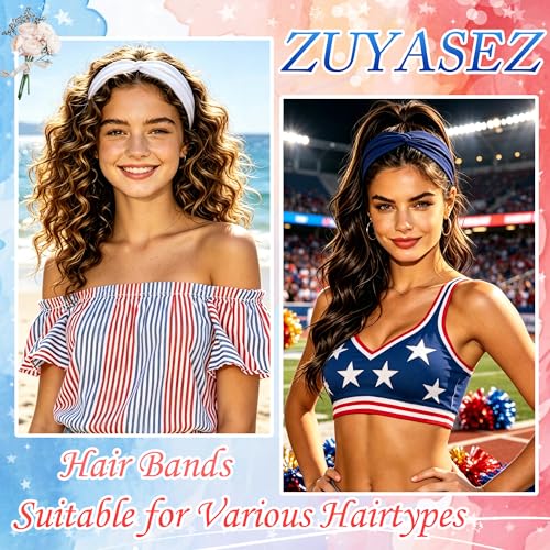 4th of July Short Headbands for Women 3Pcs Red White and Blue Twist Cross Turban Headbands Boho Elastic Non Slip Hair Bands Hair Wraps Accessories - color: Red+Blue+White