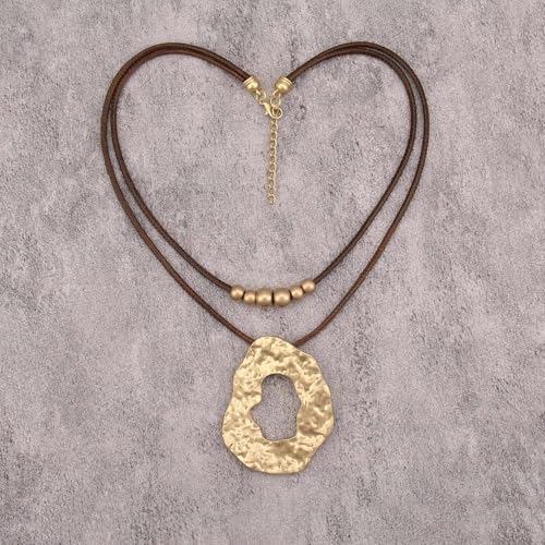 Jeilwiy Leather Necklace for Women Funky Necklace Choker String Cord Necklace with Pendant Boho Style Jewelry - style: Irregular Pendant Brown Leather