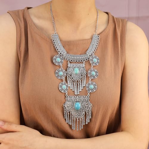 Bethynas Bohemian Ethnic Tribal Chunky Necklace Multilayer Long Tassel Turquoise Statement Neck Chain Retro Coin Gemstone Exaggerated Costume Accessories for Women - color: C-Blue