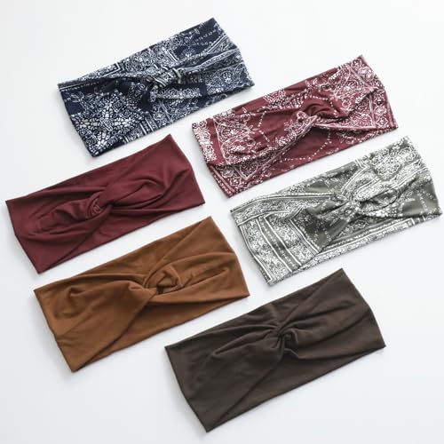 Artilady 6 Pack Boho Headbands for Women - Wide Bandana Headband Non Slip Stretchy Cheetah Paisley Print Turban Headwarp Twisted for Girls - color: Dark Patterned