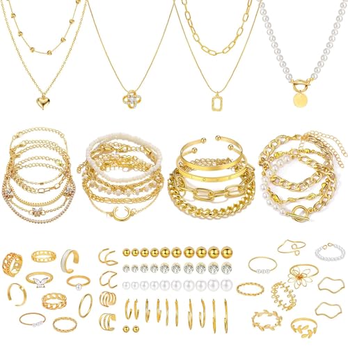 NEWITIN 69 Pieces Gold Jewelry Set for Women Fashion Costume Jewelry Gold Plated Necklace Bracelet Earrings Set for Women - color: Gold Jewelry Set D