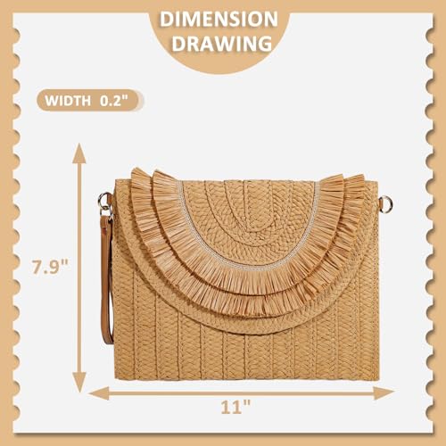 Crossbody Bags for Women, Straw Clutch Purses, Bohemian Handmade Woven Envelope Package, Tassel Handbags for Women | Bohemian - color: Khaki