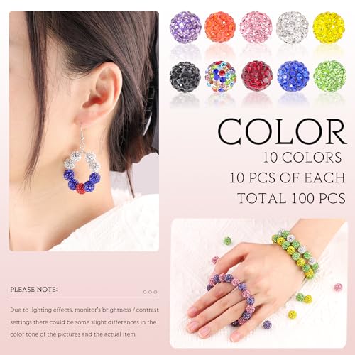 100 pcs 10mm Rhinestone Beads for Jewelry Making, 10 Mixed Colors Shiny Round Shamballa Disco Beads, Sparkle Crystal Clay Christmas for Bracelet Baseball Necklace Earring Crafting and DIY - color: 10 Colors, size: 10mm/100pcs