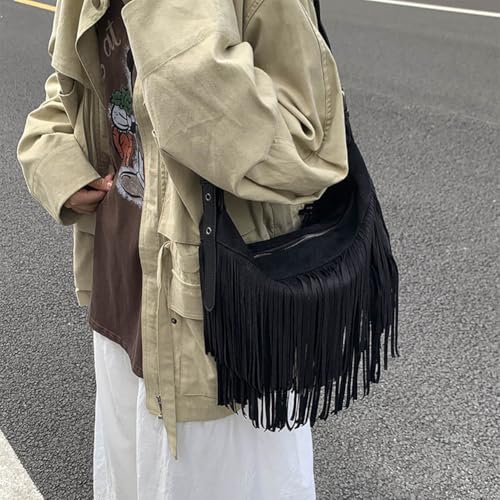 Fringe Genuine Suede Leather Hobo Bag Adjustable Crossbody Shoulder Bag Boho Retro Tassel Handbag Gift Box - color: Black