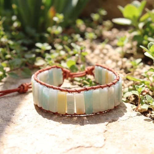 YGLINE Boho Handmade Wrap Leather Tube Crystal Stone Bracelet for Women - color: Amazonite