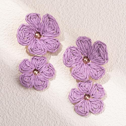 Boho Flower Earrings Statement Raffia Dangle Earrings Cute Floral Jewelry Trendy Summer Beach Vacation Outfits for Women - color: Purple