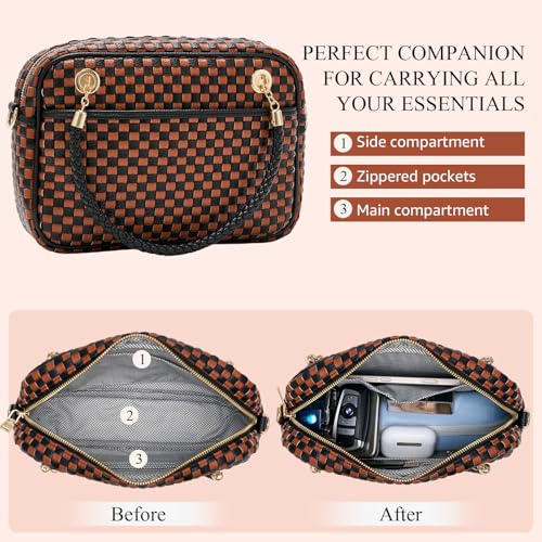 Chic Woven Crossbody Camera Bag, Soft Vegan Leather Purse with Designer Look & Braided Handle - color: Black and Brown Checkered