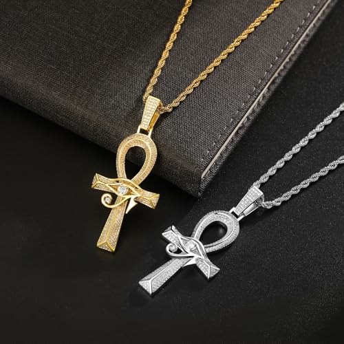 Eye of Horus Ankh Cross Pendant Necklace 18K White Gold Plated Iced Out CZ Bling Ancient Egyptian Religious Symbol Protection Chain Jewelry for Men Women Christmas Birthday Gift - color: White