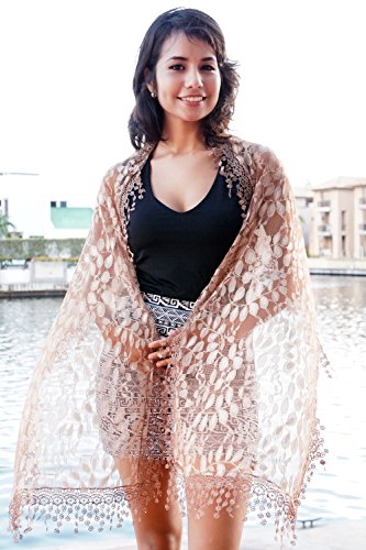 Cindy & Wendy Lightweight Soft Leaf Lace Fringe Scarf Bridal Shawl for Women - color: Brown