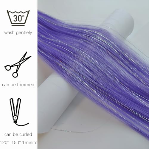 12pcs Clip in Rainbow Hair Extensions, 22 Inch 2 in 1 Hair Mixed Tinsels, Holiday Party Highlights(Grey Purple) - color: Grey Purple