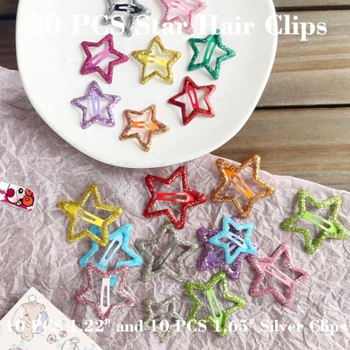 20 PCS Sparkling Star Hair Clips Snap Hair Accessories Non Slip Clips for Girls Women Metal Hair Clip Star Hair Barrettes Stars Hair Clips for Women Stars Hair Clip - color: Sparkling All Color 1.22" 1.65"(20PCS)