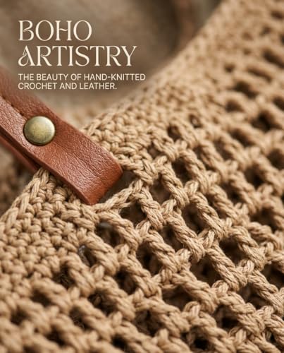 Crochet Beach Bags for Women, Reinforced Strap Woven Tote Bag with Zipper, Lined Boho Summer Vacation Travel Purse - color: Khaki