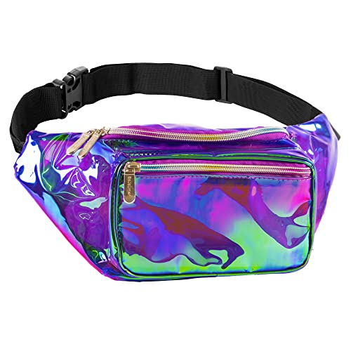 Holographic Fanny Pack Belt bag - Crossbody Waist Bag for Men or Women - Hands-Free, Waterproof Large Bumbag for Hiking, Running, and Travel (purple) - color: Transparent - Purple
