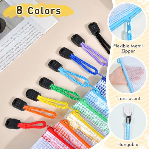 24pcs Mesh Zipper Pouch Bags, A4 Letter Size 8 Colors Plastic Zipper Bags for Organizing Storage, Clear Pouches with Zipper, Waterproof Mesh Bags for School Supplies, Home Organize, Travel Storage - style: A4-24pcs
