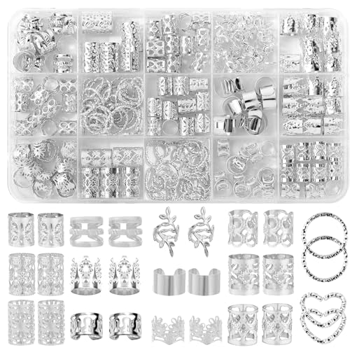 190 Pcs Hair Jewelry for Braids,Gold Hair Jewelry for Braid Accessories,Loc Jewelry for Hair Dreadlock with Ring Cuffs Clips Charm Dreadlock Accessories Hair Decorations for Men Women Girl (Silver) - color: Silver