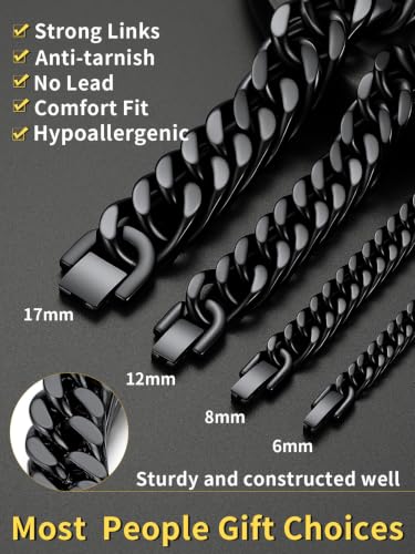 ChainsHouse Stainless Steel Cuban Link Bracelet, 8mm/12mm/17mm Width, 7.5"/8.3"/9", 18K Gold Plated Chain Wrist Bracelets for Men Women, Send Gift Box - color: H: Black-6mm width