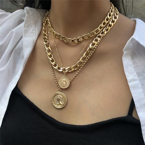 Gold Stack Necklace Chunky Necklaces for Women Trendy Coin Pendant Long Necklaces Western Jewelry for Women Cowgirl Cowboy Chic Country Outfit Boho Accessories Birthday Jewelry Gifts - color: F Gold Layered Chunky Necklaces
