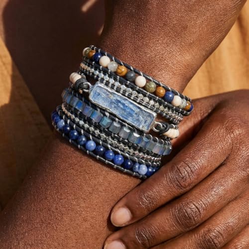 YGLINE Boho Handmade Wrap Leather Tube Crystal Stone Bracelet for Women - color: Topaz-5w