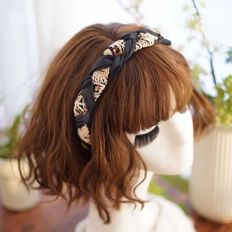 Braided Headband for Women-Vintage Fabric High Crown Headband with Non-Slip Teeth, Cute Boho Knotted Hair Band for Women & Teens (25-Black, One Size) - color: 25-Black