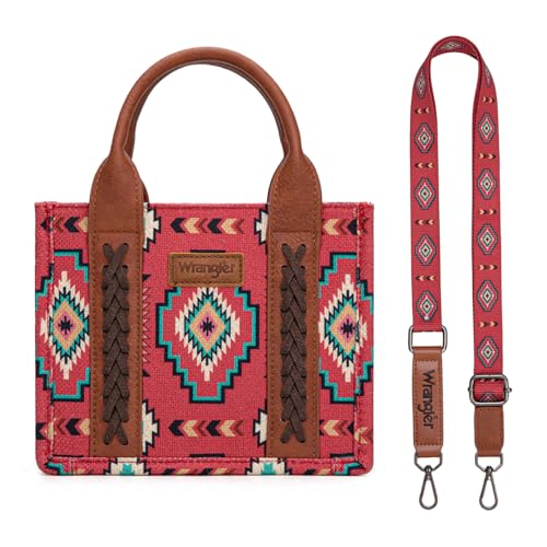 Wrangler Mini Aztec Tote Bag for Women Boho Small Top Handle Purse with Adjustable Strap - color: Boho Burgundy Red