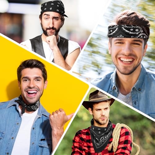 PLULON Bandanas for Men Women 4/12/24/30 Pack, Paisley Pattern Bandana Bulk Headbands Handkerchief Face Mask 100% Polyester - color: Black