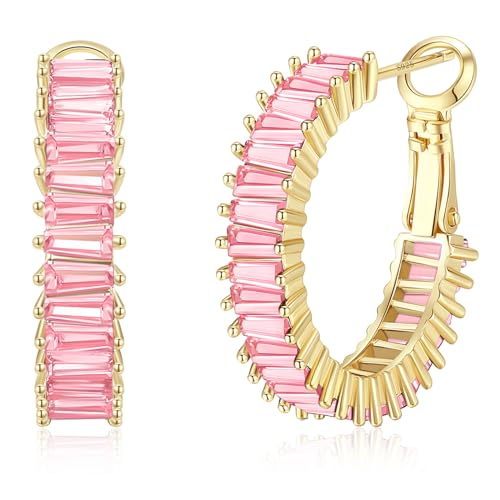 Trendy 14K Gold Plated Hoop Earrings for Women, Chunky Gold/Silver Earrings for Women Cubic Zirconia Baguette Hoop Earrings Heart Hoops Lightweight Hypoallergenic Jewelry,25mm/35mm/40mm/50mm - color: 01 Gold Pink Hoops 25mm