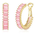 Trendy 14K Gold Plated Hoop Earrings for Women, Chunky Gold/Silver Earrings for Women Cubic Zirconia Baguette Hoop Earrings Heart Hoops Lightweight Hypoallergenic Jewelry,25mm/35mm/40mm/50mm - color: 01 Gold Pink Hoops 25mm